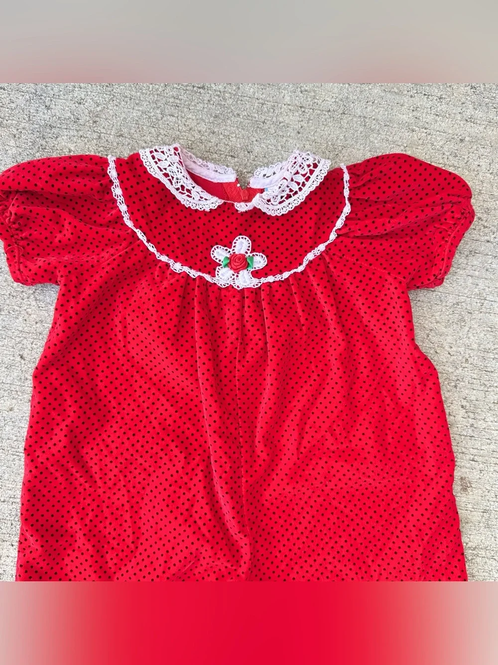 Vintage 80s Red W/ Black Polka Dot White Lace Bubble Baby Girl Romper 6-9 Months